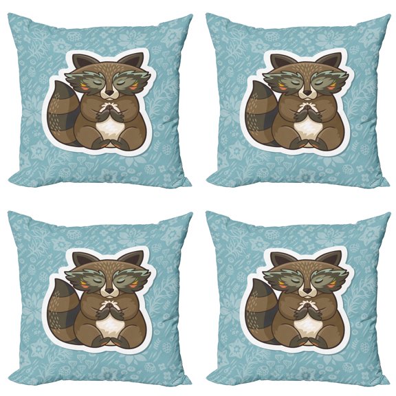 Ambesonne Cartoon Throw Pillow Cover 4 Pack, Raccoon on Meadow, 18", Dark Green Turquoise