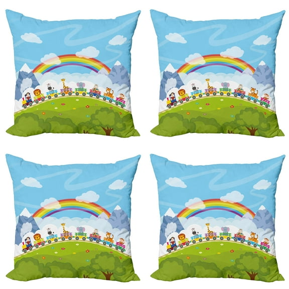 Ambesonne Cartoon Throw Pillow Cover 4 Pack, Railway Train, 20", Multicolor