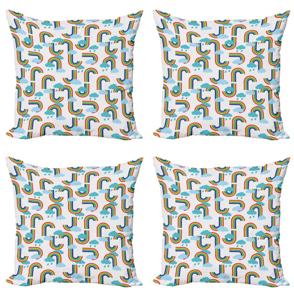 Ambesonne Cartoon Throw Pillow Cover 4 Pack, Rainbow and Clouds Pattern, 16", Off White and Multicolor