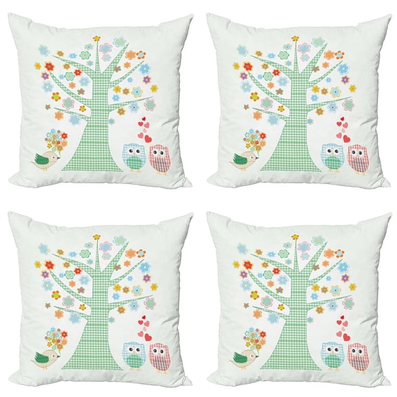 Ambesonne Cartoon Throw Pillow Cover 4 Pack, Romantic Owls in Love, 18", Mint Green Multicolor