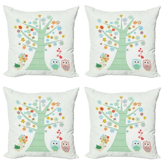 Ambesonne Cartoon Throw Pillow Cover 4 Pack, Romantic Owls in Love, 24", Mint Green Multicolor