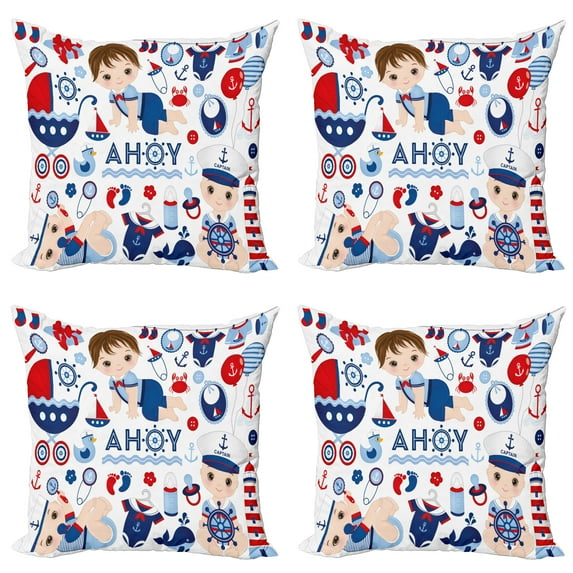 Ambesonne Cartoon Throw Pillow Cover 4 Pack, Sailor Clothes Motif, 24", Sea Blue Dark Coral