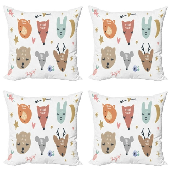 Ambesonne Cartoon Throw Pillow Cover 4 Pack, Scandinavian Animals, 16", Multicolor