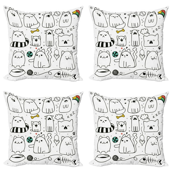 Ambesonne Cartoon Throw Pillow Cover 4 Pack, Sketchy Cats with, 18", Multicolor