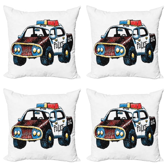 Ambesonne Cartoon Throw Pillow Cover 4 Pack, Sketchy Police Car, 24", Red Yellow and Blue