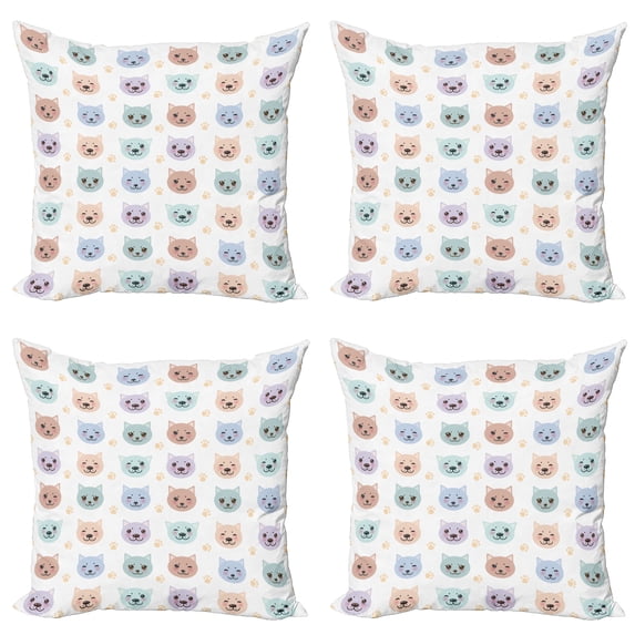 Ambesonne Cartoon Throw Pillow Cover 4 Pack, Smiling Cat Muzzle, 18", Multicolor