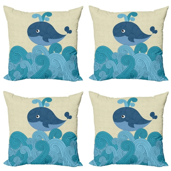 Ambesonne Cartoon Throw Pillow Cover 4 Pack, Smiling Whale and Lines, 16", Dark Blue Blue