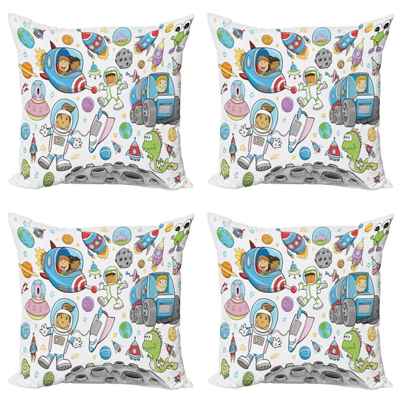 Ambesonne Cartoon Throw Pillow Cover 4 Pack, Space Rocket, 20", Multicolor