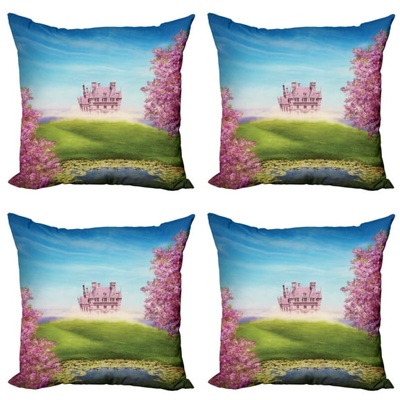 Ambesonne Cartoon Throw Pillow Cover 4 Pack, Spring Cheery Blooms Art, 20", Green Pink Blue