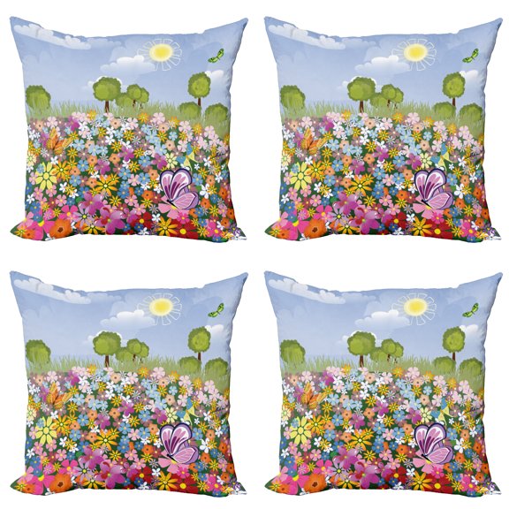 Ambesonne Cartoon Throw Pillow Cover 4 Pack, Spring Meadow Blossoms, 24", Multicolor