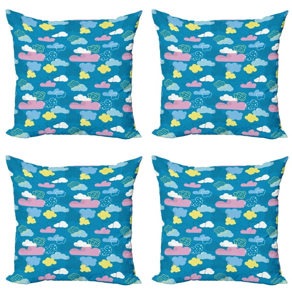 Ambesonne Cartoon Throw Pillow Cover 4 Pack, Style Clouds Dots, 20", Sea Blue Pastel Yellow
