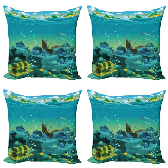 Ambesonne Cartoon Throw Pillow Cover 4 Pack, Sunk Ship Pirate, 18", Teal and Yellow