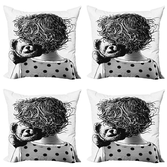 Ambesonne Cartoon Throw Pillow Cover 4 Pack, Teddy Bear Love, 16", Charcoal Grey White