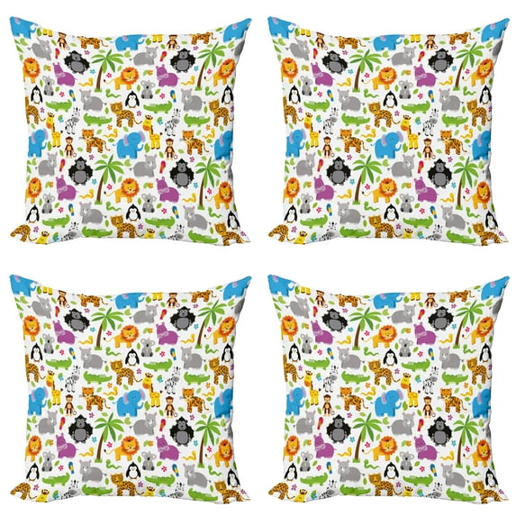 Ambesonne Cartoon Throw Pillow Cover 4 Pack, Various Animals, 18", Multicolor