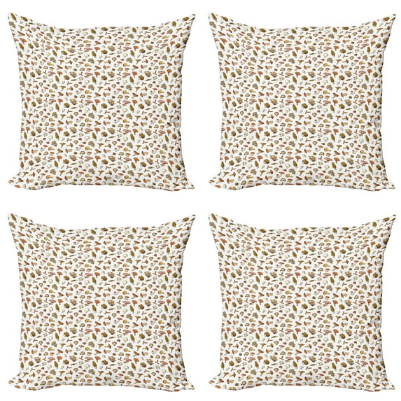 Ambesonne Cartoon Throw Pillow Cover 4 Pack, Various Mushrooms Scattered, 16", Redwood Burnt Sienna