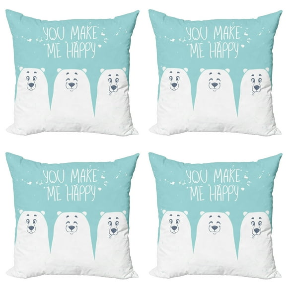 Ambesonne Cartoon Throw Pillow Cover 4 Pack, Words Bears, 16", Aqua White