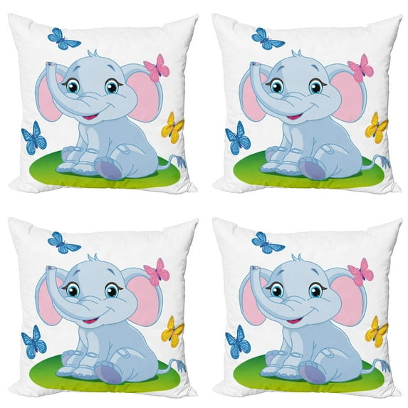 Ambesonne Cartoon Throw Pillow Cover 4 Pack, on the Meadow, 18", Pale Blue Green Pink