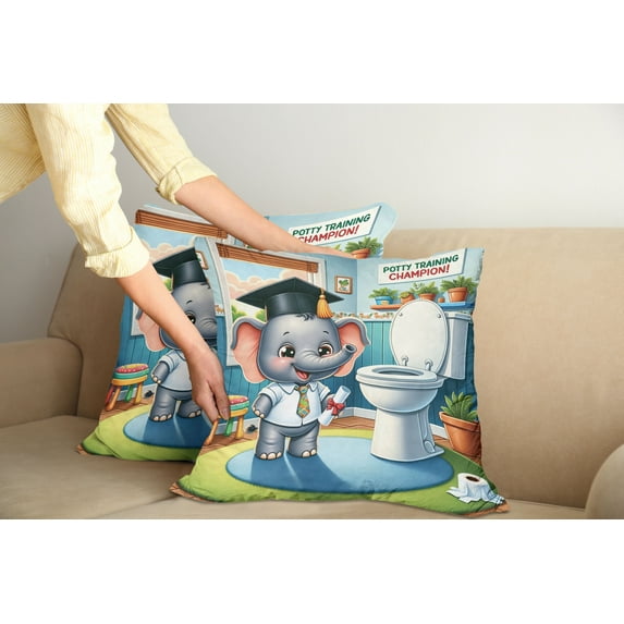 Ambesonne Cartoon Throw Pillow Cover Pack of 2, Potty Training Elephant Art, 2 Pcs-18"x18", Purpleblue Multicolor