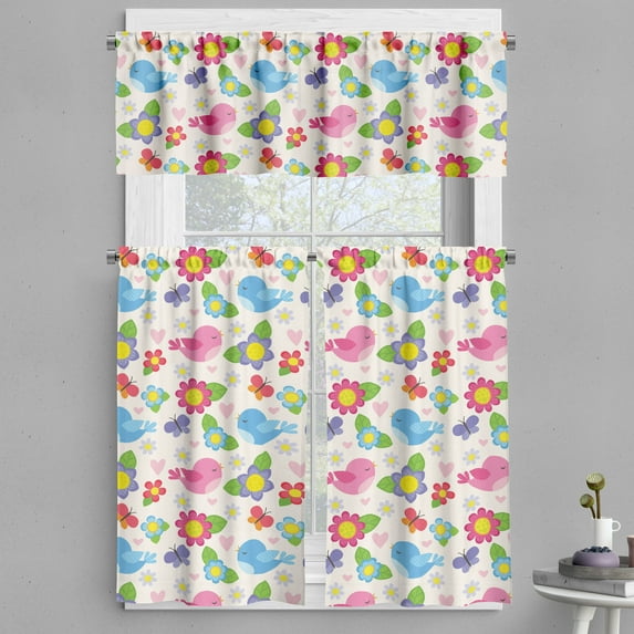 Ambesonne Cartoon Valance & Curtain, Birds Hearts Butterflies, 55"x45", Multicolor