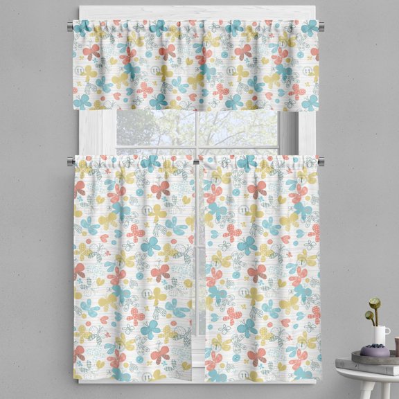 Ambesonne Cartoon Valance & Curtain, Butterflies and Buttons Art, 55"x24", Multicolor