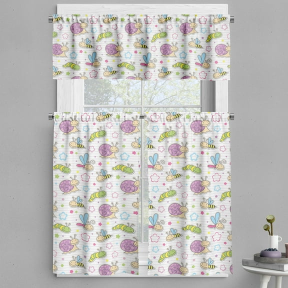Ambesonne Cartoon Valance & Curtain, Caterpillar Bees Flowers, 55"x36", Multicolor