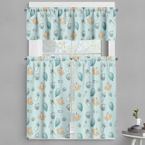Ambesonne Cartoon Valance & Curtain, Composition of Elements, 55"x45", Pale Blue Turquoise and Tan