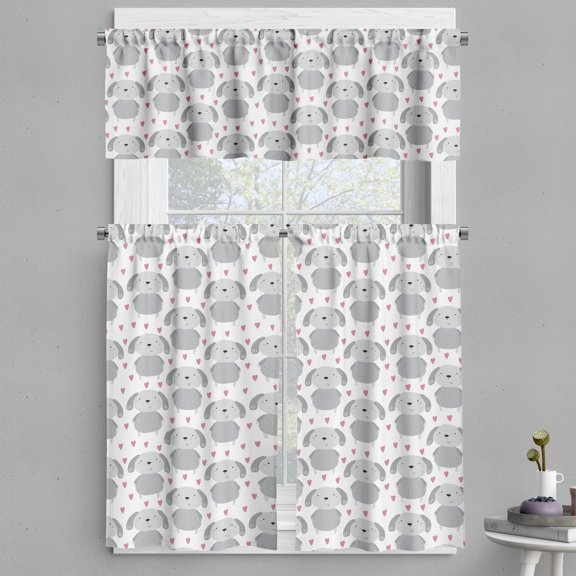 Ambesonne Cartoon Valance & Curtain, Dogs Droopy Ears Hearts, 55"x30", Dried Rose Pale Grey