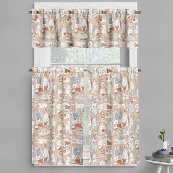 Ambesonne Cartoon Valance & Curtain, Musician Cats, 55"x36", Warm Taupe White