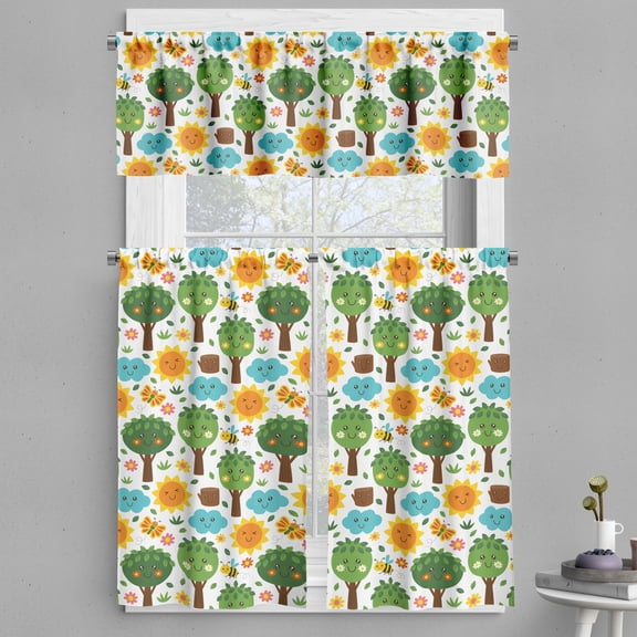 Ambesonne Cartoon Valance & Curtain, Smiling Nature Elements, 55"x30", Multicolor