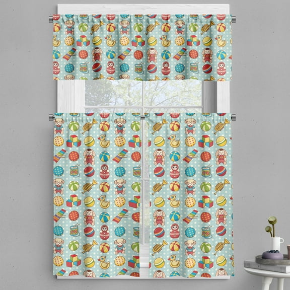Ambesonne Cartoon Valance & Curtain, Vintage Ball and Babushka, 55"x45", Multicolor