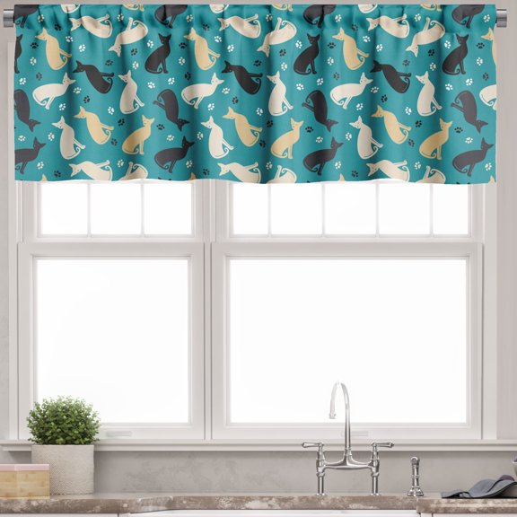 Ambesonne Cartoon Valance Pack of 2, Cats and Paw Traces Graphic, 54"X18", Sea Blue Indigo