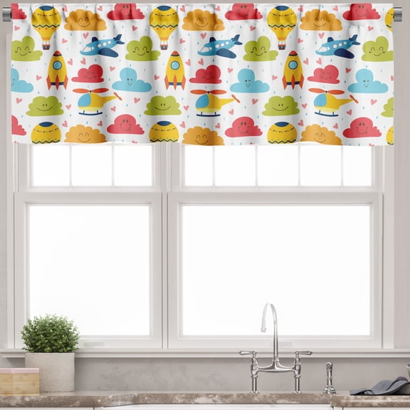 Ambesonne Cartoon Valance Pack of 2, Clouds Balloons Airplanes, 54"X12", Multicolor