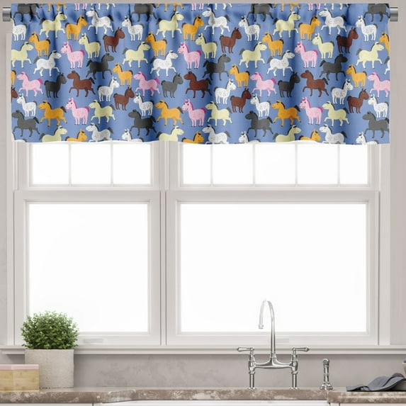 Ambesonne Cartoon Valance Pack of 2, Colorful Horses at Zoo, 42"X12", Ceil Blue Multicolor