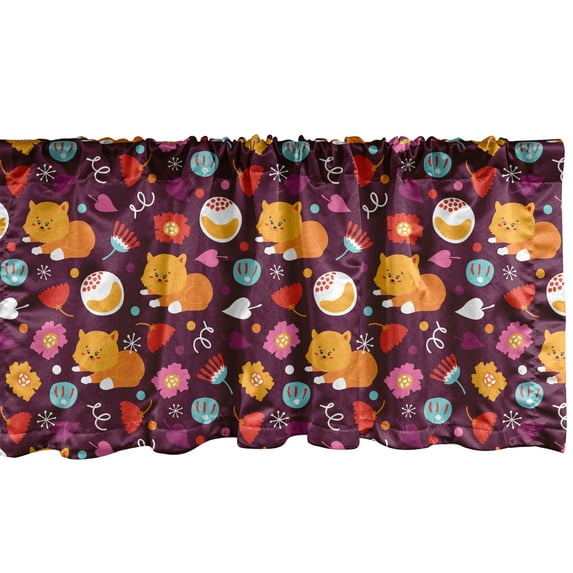 Ambesonne Cartoon Valance Pack of 2, Foxes Flowers Funny, 42"X18", Maroon Marigold and Pink