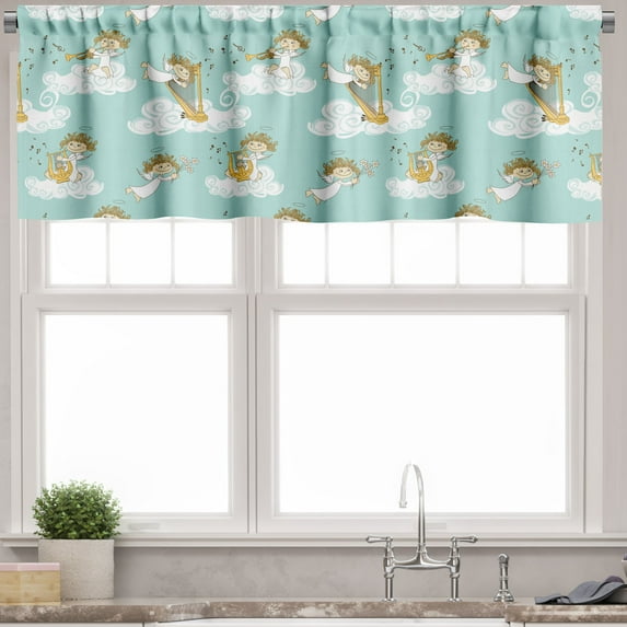 Ambesonne Cartoon Valance Pack of 2, Harp in Sky Print Clouds, 54"X12", Earth Yellow Seafoam