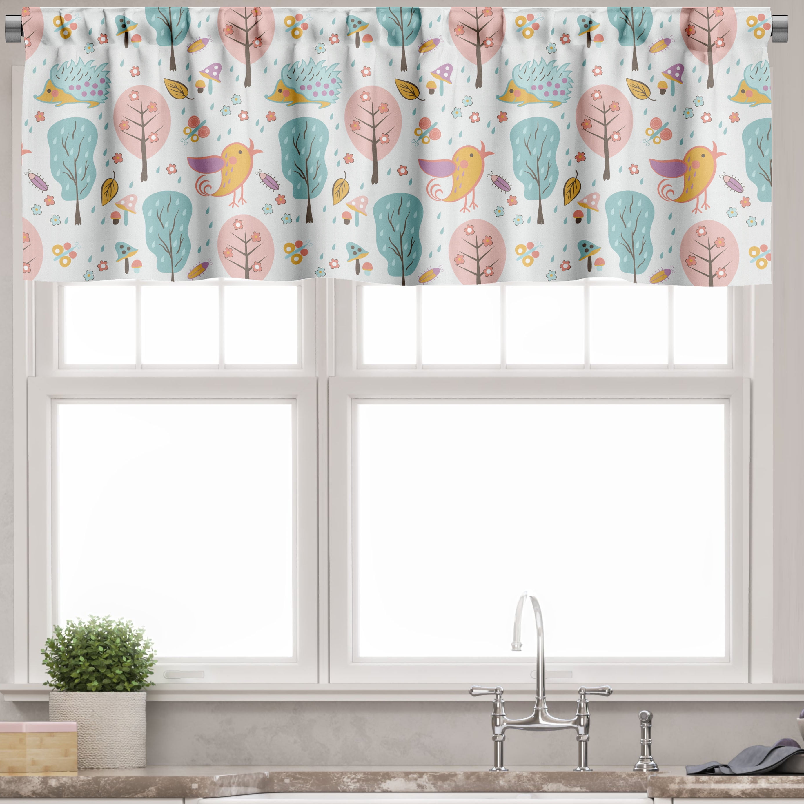 Multicolor Cartoon Hedgehogs and Birds Satin Valance Set