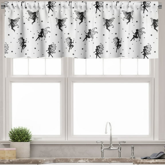 Ambesonne Cartoon Valance Pack of 2, Winged Fairies and Stars, 54"X18", White and Charcoal Grey