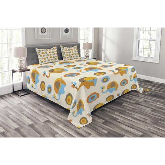 Ambesonne Cartoon Wall Quilted Bedspread Set 3 Pcs, Butterfly, Queen Size, Orange Taupe Blue