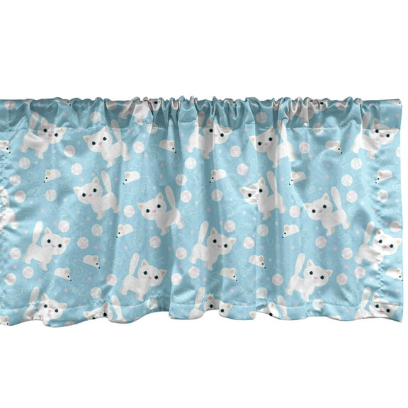 Ambesonne Cartoon Window Valance, AMusing Cat with Yarn, 54" X 12", Cream Blue