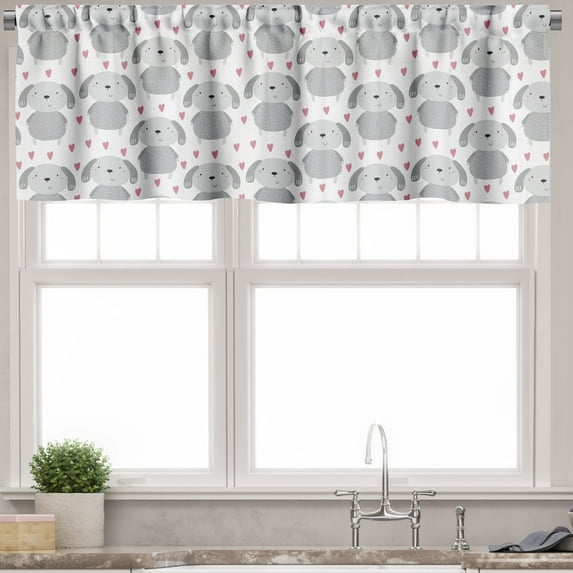 Ambesonne Cartoon Window Valance, Dogs Droopy Ears Hearts, 54" X 18", Dried Rose Pale Grey