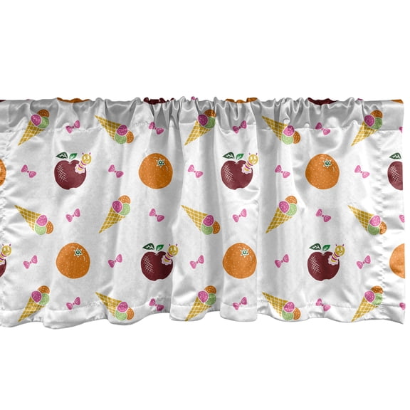 Ambesonne Cartoon Window Valance, Doodle Style Illustration of Ice Creams Oranges Apples Caterpillars and Bows, Curtain Valance for Kitchen Bedroom Decor with Rod Pocket, 54" X 18", Multicolor