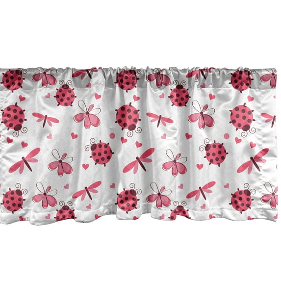 Ambesonne Cartoon Window Valance, Dragonfly Ladybugs Hearts, 54" X 12", White Pink