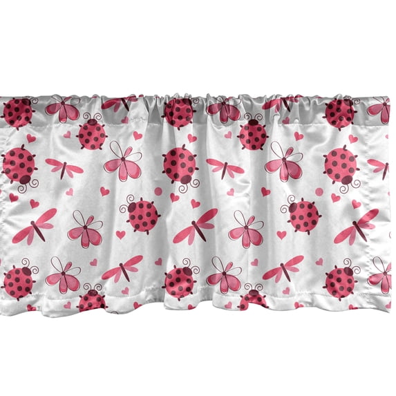 Ambesonne Cartoon Window Valance, Dragonfly Ladybugs Hearts, 54" X 18", White Pink