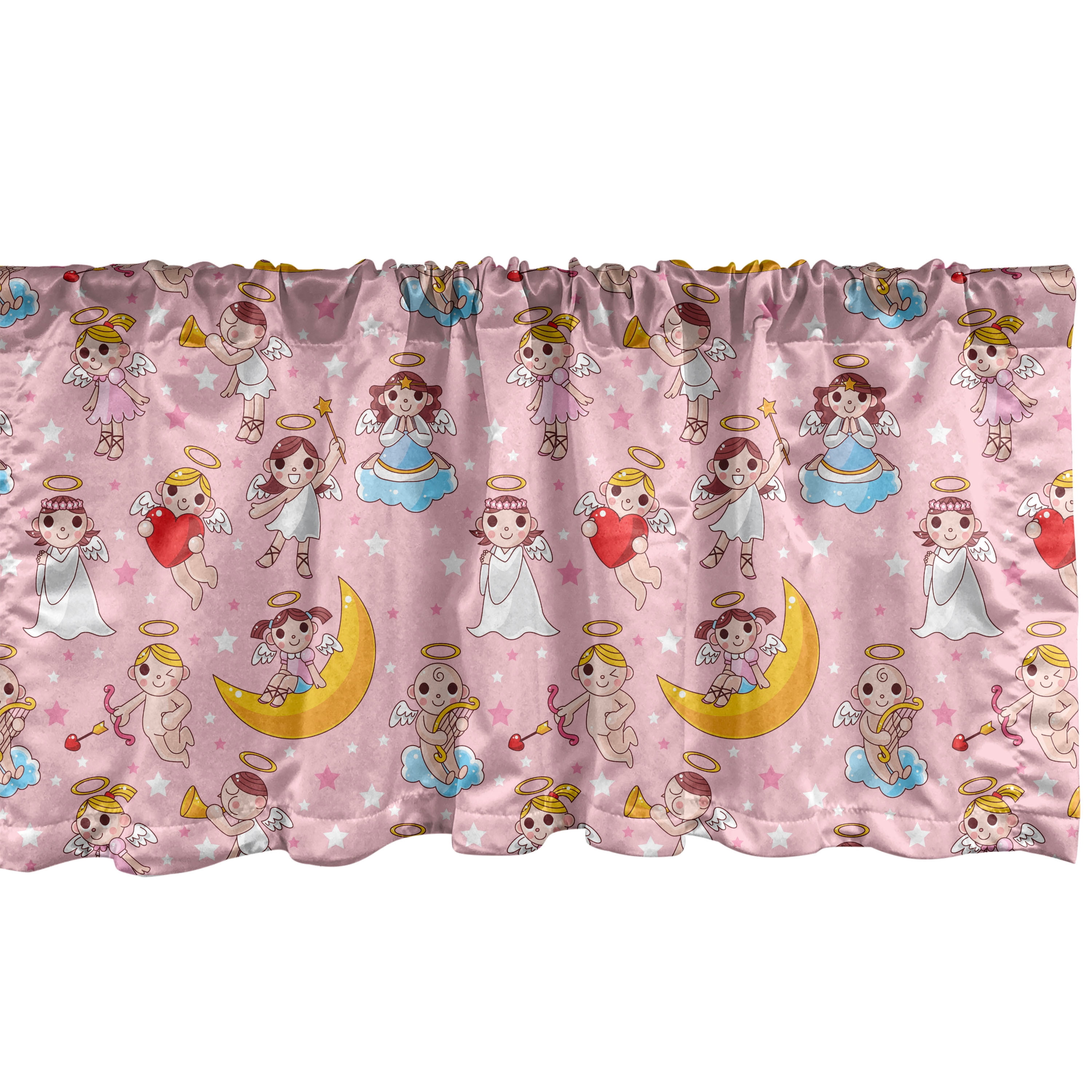 Pink Cartoon Angel and Moon Satin Rod Pocket Valance