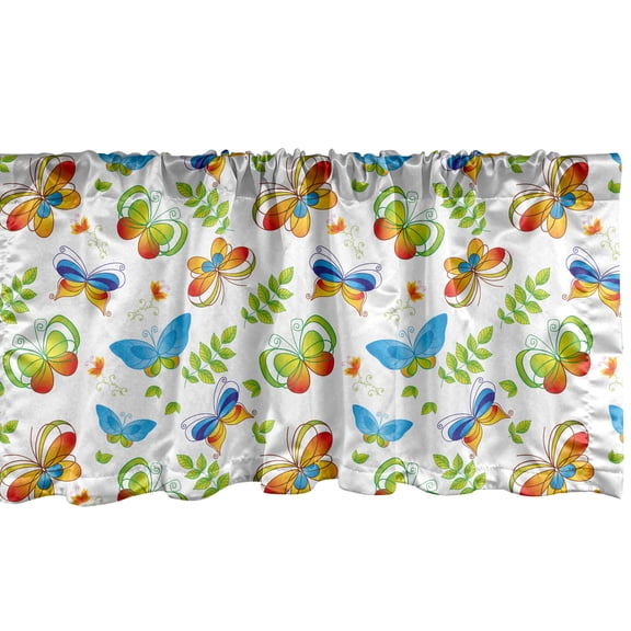 Ambesonne Cartoon Window Valance, Flowers Leaves Butterflies, 42" x 12", Blue and Green
