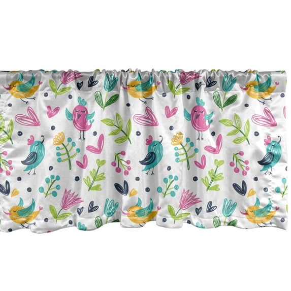 Ambesonne Cartoon Window Valance, Flying Birds Flowers Hearts, 54" X 18", Multicolor