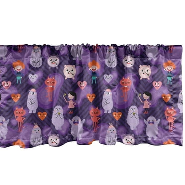 Ambesonne Cartoon Window Valance, Funky Hearts and Creatures, 54" X 12", Dark Purple Multicolor
