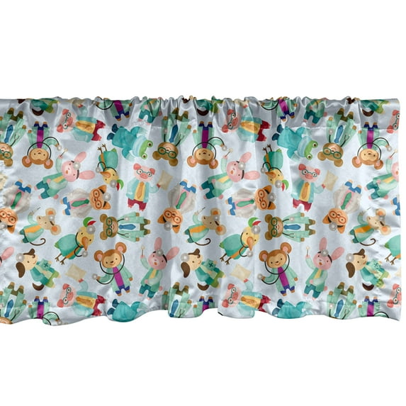 Ambesonne Cartoon Window Valance, Funny Animal Doctors Art, 54" X 18", Pale Blue Multicolor