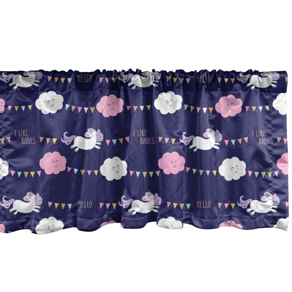 Ambesonne Cartoon Window Valance, I Like Babies Hello Calligraphic Layout of Clouds Unicorns and Party Flags, Curtain Valance for Kitchen Bedroom Decor with Rod Pocket, 54" X 12", Indigo Multicolor