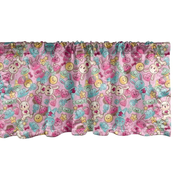 Ambesonne Cartoon Window Valance, Kawaii Bunnies and Candy, 42" x 18", Turquoise Mustard Pink